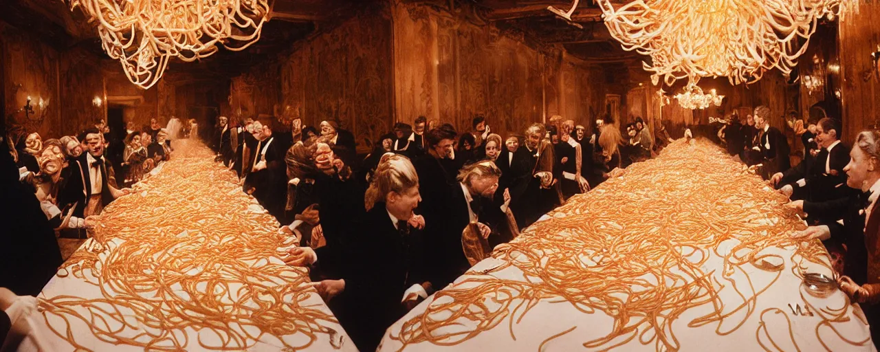 Image similar to a long banquet table covered in spaghetti, victorian era, excited guests, detailed expression, canon 5 0 mm, cinematic lighting, photography,, film, kodachrome