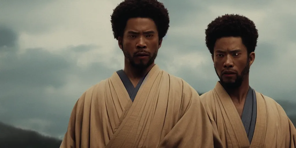 Prompt: a film still of a light skinned black man starring as an ancient samurai in a japanese blockbuster film, shallow depth of field, cinematic, award winning cgi, vfx, film still
