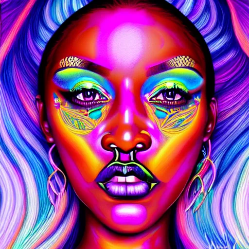 Prompt: an extremely psychedelic portrait of meg the stallion, surreal, lsd, face, detailed, intricate, elegant, lithe, highly detailed, digital painting, artstation, concept art, smooth, sharp focus, illustration