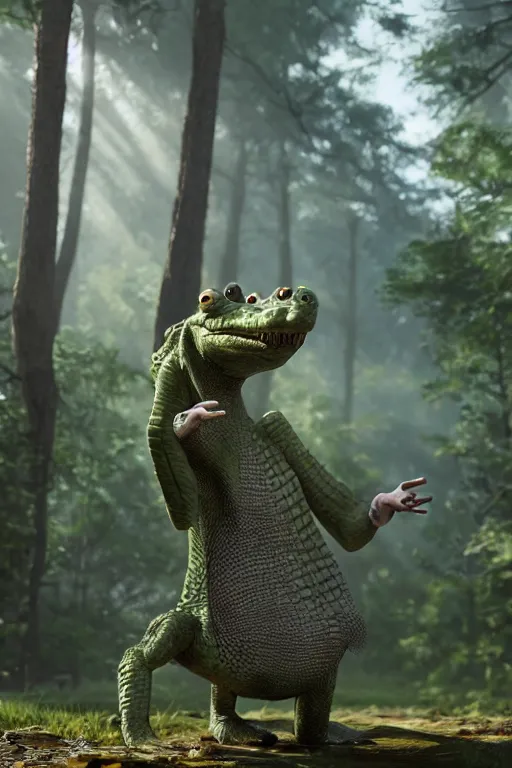 Image similar to a crocodile wearing a formal overcoat in a forest, Pixar style, 3D render, octane render, unreal engine 5, path tracing, cute, 4K, anatomically correct, natural lighting, high quality, highly detailed, low poly