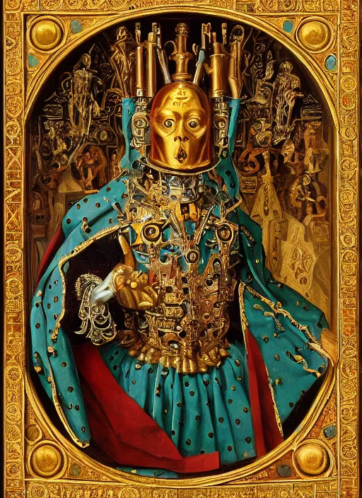 Image similar to a portrait of a shiny metallic renaissance robot, renaissance and baroque decorations, in the style of Jan van Eyck,