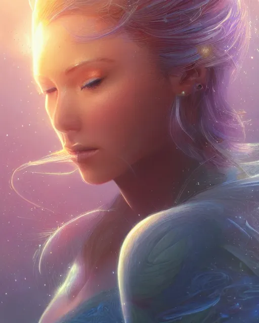 Image similar to close up portrait of a beautiful pleiadian starseed, fantasy, intricate, elegant, highly detailed, digital painting, artstation, concept art, smooth, sharp focus, illustration, by artgerm and greg rutkowski