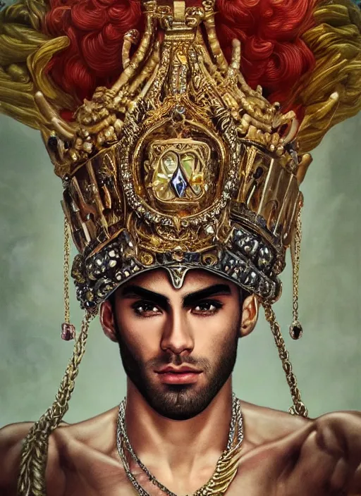 Prompt: muscular Atlantian king Zayn Malik wearing a bejeweled gold heavy crown on his head while shirtless and wearing a heavy gold rapper chain around his neck, a white falcon on his shoulders, steelpunk, ghibli studio, nekro, Tom Bagshaw, Craig Mullins, octane 8k, by brian froud, Trending on ArtStation