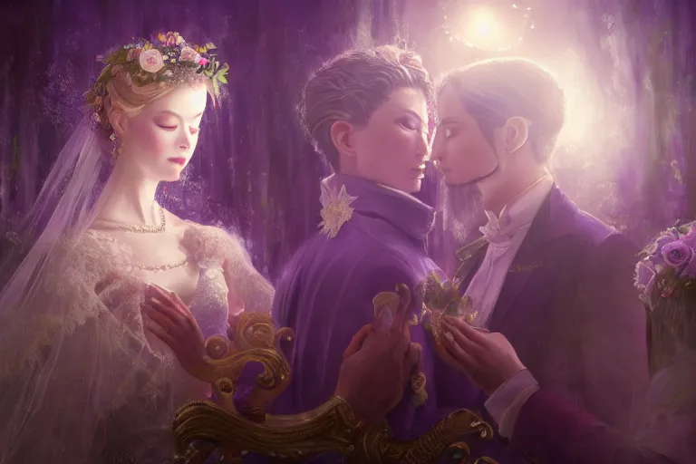 Image similar to a dreamlike cinematic portrait of wedding photograph close up moment of a divine a russia sun god and moon goddess lovers magician at a wedding banquet. portraiture. digital painting. artstation. concept art. fantasy wedding photo. digital painting, 8 k realistic, hyper detailed, violet evergarden art masterpiece by art by krenz cushart