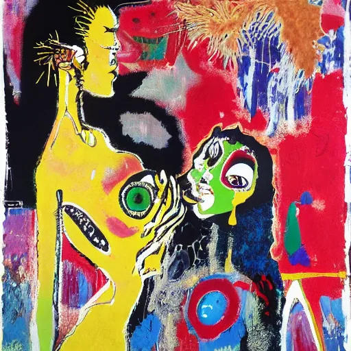 Prompt: acrylic painting of two bizarre psychedelic women kissing in japan in winter, speculative evolution, mixed media collage by basquiat and jackson pollock, maximalist magazine collage art, sapphic art, psychedelic illustration