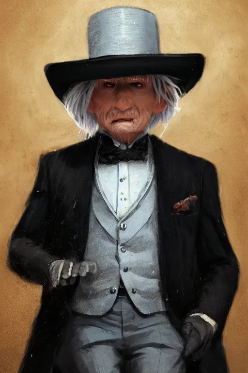 Image similar to A fancy close up of a white haired old winkled halfling wearing a suit and top hat by Greg Rutkowski, Sung Choi, Mitchell Mohrhauser, Maciej Kuciara, Johnson Ting, Maxim Verehin, Peter Konig, 8k photorealistic, cinematic lighting, HD, high details, dramatic, trending on artstation