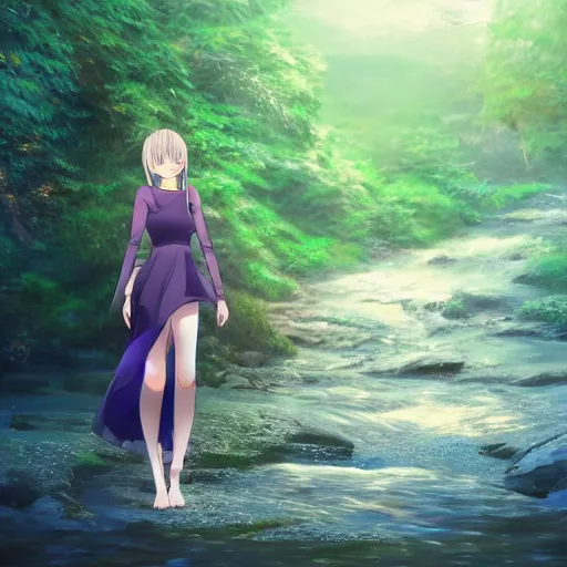 Prompt: advanced digital anime art, WLOP , a gorgeous high school girl with long gold and silver hair wearing a violet dress and bare feet walking through a crystal clear river, DOF, Gaussian Blur,