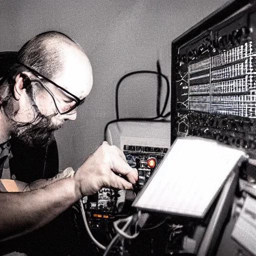 Prompt: an electrical engineer patching a modular synthesizer in a dark but adequately lot environment, artistic photography