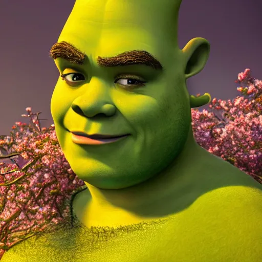 Prompt: a gorgeous shrek, photo by oliver valsecchi, realistic, face by wsop, half body shot, wide angle, sharp focus, 8 k high definition, insanely detailed, intricate, elegant, art by artgerm, cherry blossoms @ tmg