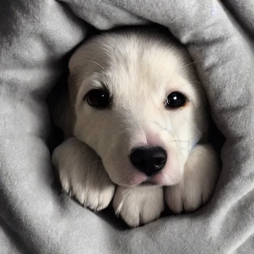 Prompt: cozy puppy tucked into bed, ultra detailed high quality digital art 4 k trending on artstation trending on r / aww