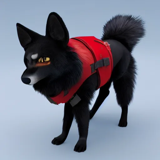 Image similar to anthro furry canine with black and red fur in a military outfit, 4 k, detailed, global illumination, chromatic aberration, studio lighting, strong pose