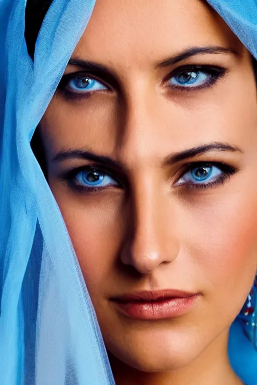 Prompt: young Monica Belluci as an Arab woman, tanned skintone, bright blue eyes, white transparent veil, headscarf, model face, light blue decent dress, closeup portrait, focus