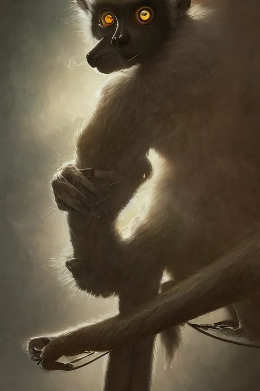 Image similar to lemur inventor, physically accurate, moody dynamic lighting, very very intricate, very very elegant, highly detailed, digital painting, artstation, HR GIGER, Hieronymus Bosch, Francis Bacon, concept art, smooth, very beautiful, sharp focus, illustration, art by artgerm and greg rutkowski and alphonse mucha