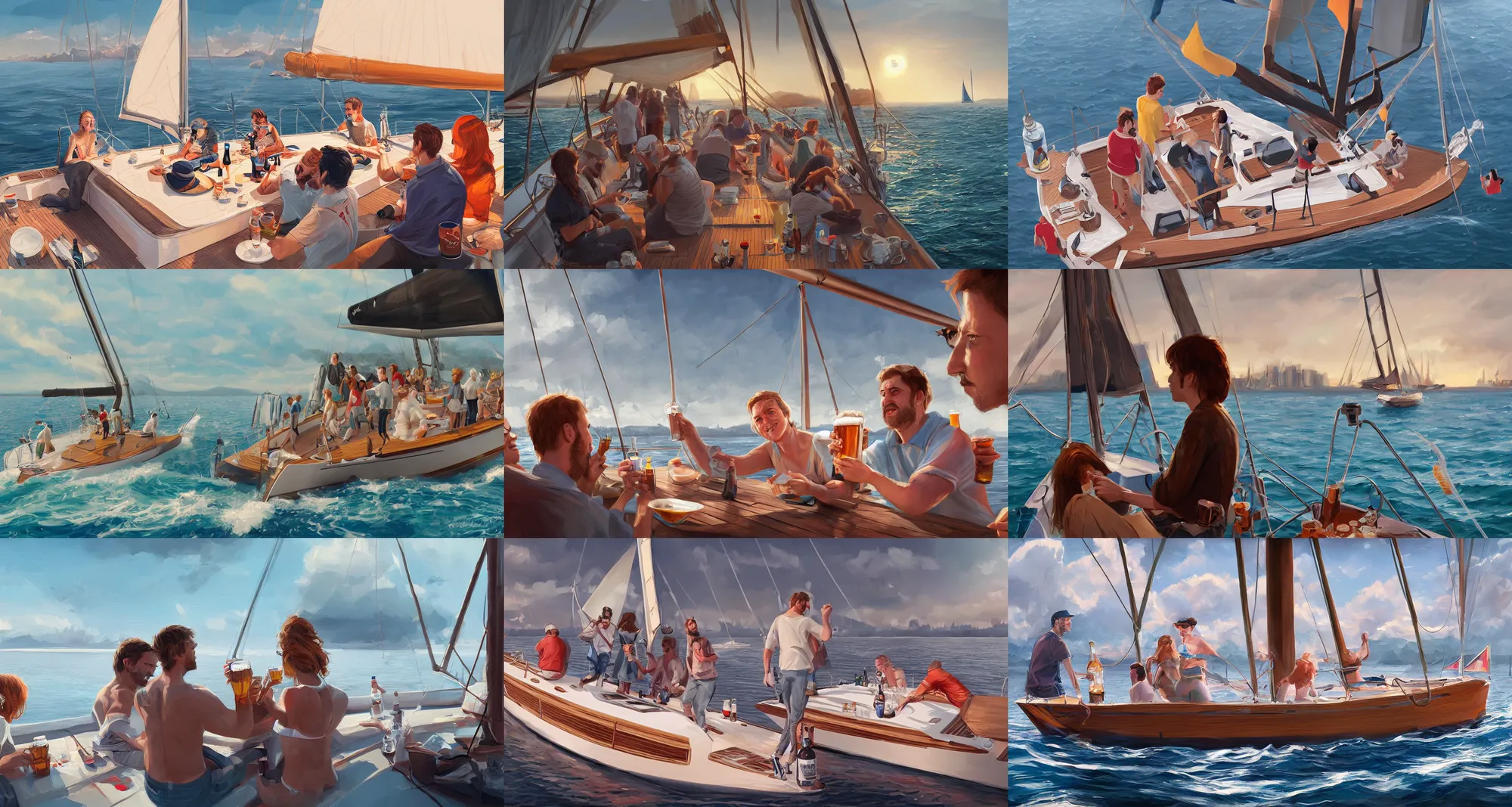 Image similar to people drinking beer on a sailboat, highly detailed, digital painting, artstation, concept art, matte, sharp focus, illustration