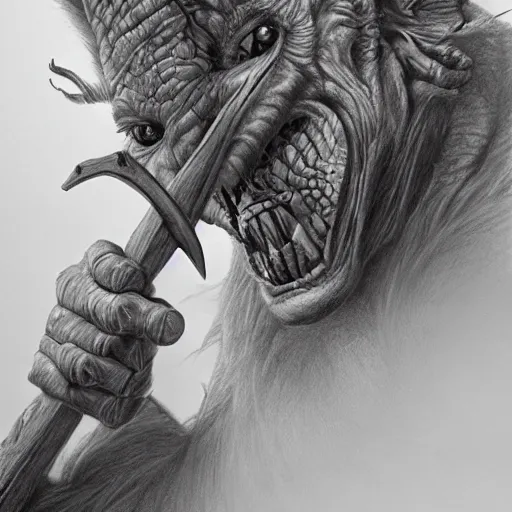 Image similar to hyper realistic pencil drawing of a goblin, D&D Art, detailed, rim light, diffused, intricate, axe, by anna dittmann