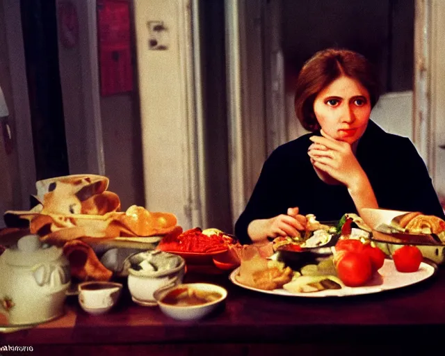 Image similar to 1 9 7 9 a soviet movie still a russian woman sitting at a table with a plate of food in dark warm light, a character portrait by nadya rusheva, perfect symmetric coherent face, featured on cg society, neo - fauvism, movie still, 8 k, fauvism, cinestill, bokeh, gelios lens