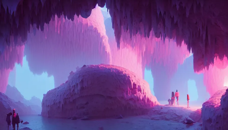 Image similar to highly detailed matte painting of a glistening crystal cave by atey ghailan, by greg rutkowski, by greg tocchini, by james gilliard, by joe fenton, pink, brown, black and light blue color scheme, octane render