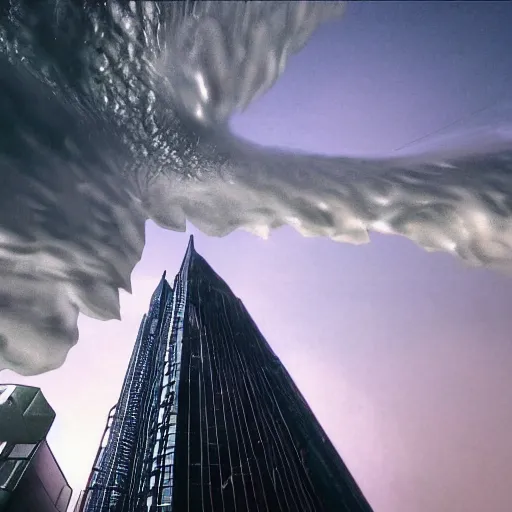 Prompt: low angle looking up towards towering tidal wave about to crash down and swamp Night City 2077, realistic photo, UE5