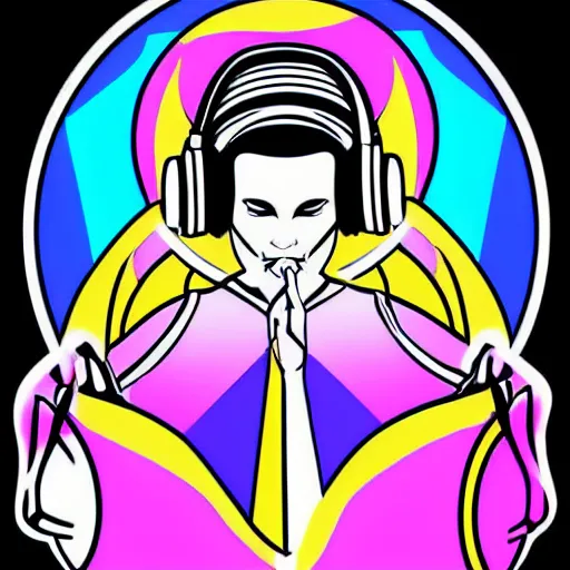 Image similar to svg vector sticker of absolutely divine-deity-angel, rocking out, wearing headphones, huge speakers, dancing, rave, DJ, spinning records, digital art, amazing composition, rule-of-thirds, award-winning, trending on artstation, featured on deviantart