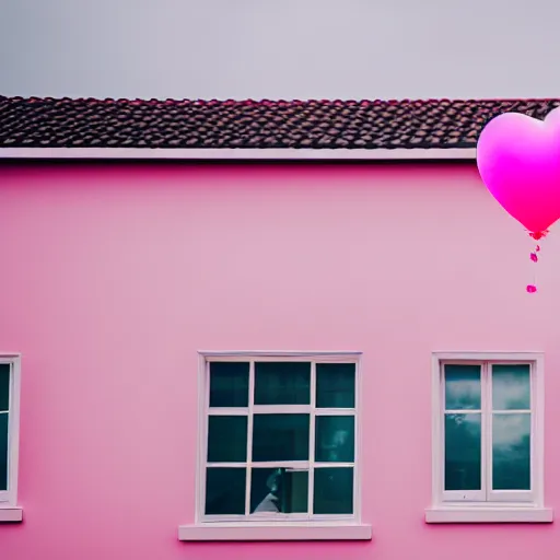 Image similar to a 5 0 mm lens photograph of a cute pink floating modern house, floating in the air between clouds, inspired by the movie up, held up from above by a heart - shaped ballon. mist, playful composition canon, nikon, award winning, photo of the year