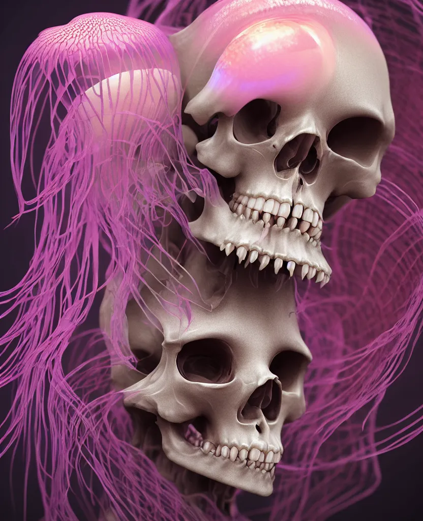 Image similar to goddess close - up portrait human skeleton, ram skull, jellyfish, orchid, betta fish, bioluminiscent, intricate artwork by tooth wu and wlop and beeple. octane render, trending on artstation, greg rutkowski very coherent symmetrical artwork. cinematic, hyper realism, high detail, octane render, 8 k