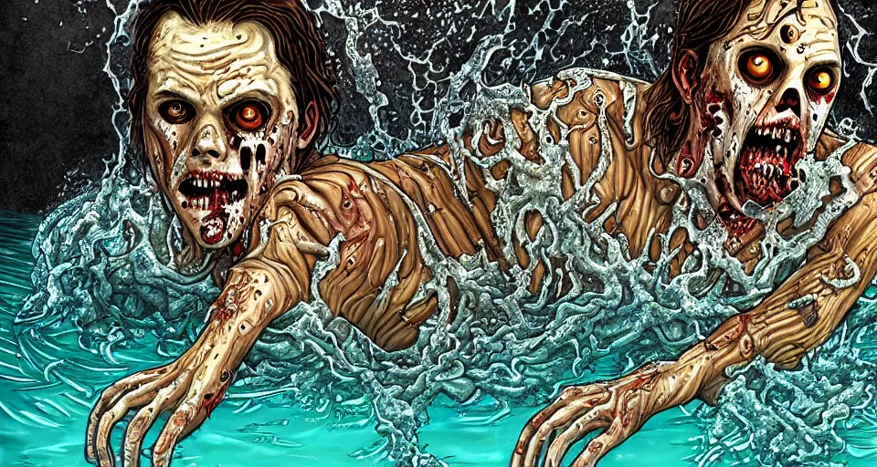 Image similar to highly detailed full body portrait of a zombie swimming underwater in a zombie - apocalypse, in a swimming pool, style tony moore walking dead