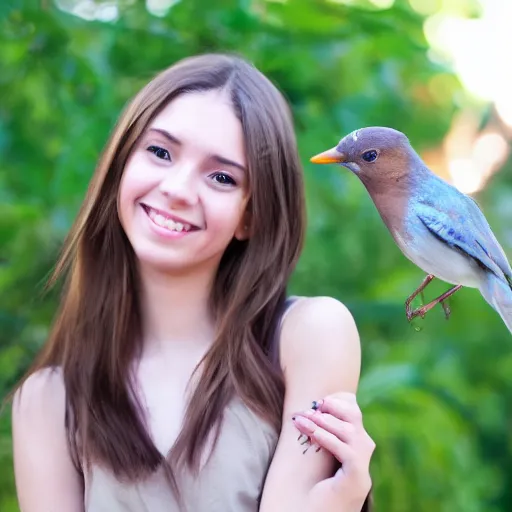 Prompt: girl named alex, brown hair, fair skin, long nails, with a bird on her arm, cute brown eyes, smiling, high quality, 8 k,