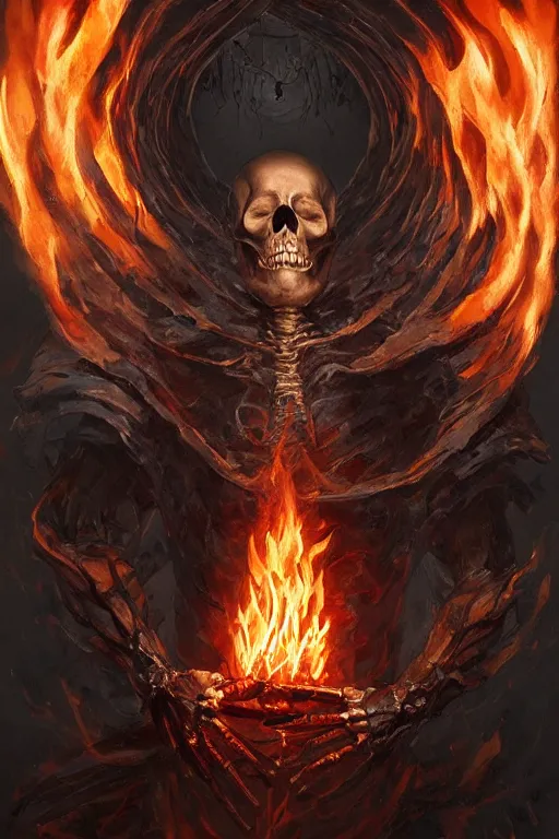 Prompt: skeleton burning in divine holy flame spell scroll art by artgerm and greg rutkowski and Craig Mullins, James Jean, Andrey Ryabovichev, Mark Simonetti and Peter Morbacher 16k