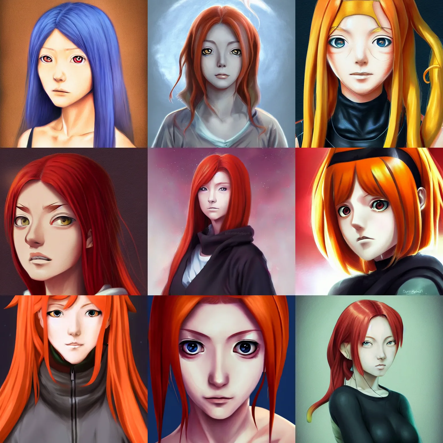 Prompt: portrait of kushina uzumaki, digital art, matte painting, realistic painting, artstation, anime art, fanart, illustration, pixiv, danbooru, painttool sai, procreate, aesthetic