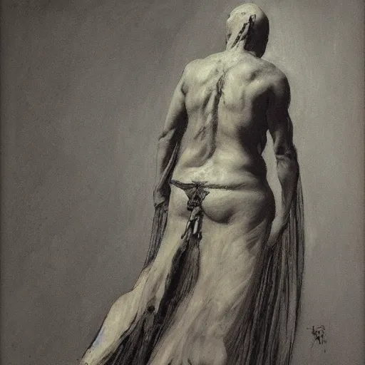 Prompt: Back view of the grim reaper, curvy, intricate, maximalism, deep shadows, award winning, by Ilya Repin