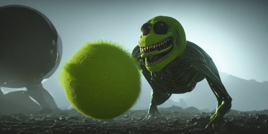 Image similar to a photo of 8 k ultra realistic tennis ball monster, tennis ball monsters, alien exotic, cinematic lighting, trending on artstation, 4 k, hyperrealistic, focused, high details, unreal engine 5, cinematic, alien planet atmosphere in background, 3 d render by basil gogos