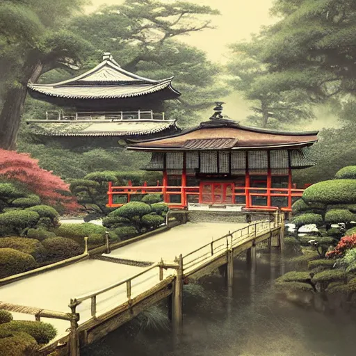 Prompt: A detailed scene of a traditional japanese garden with a tea house and bridge, beautiful, digital painting, concept art, serene, by Greg Rutkowski and Magali Villeneuve