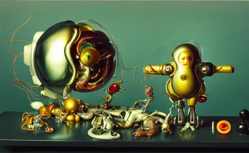 Image similar to strange seductive futuristic robot body, enticing colorful oil painting dutch golden age vanitas still life sparse composition with bulbous objects strange gooey transparent surfaces shiny metal reflections bizarre mutant meat insects rachel ruysch dali todd schorr very detailed perfect composition rule of thirds masterpiece canon 5 0 mm, cinematic lighting, photography, retro, film, kodachrome