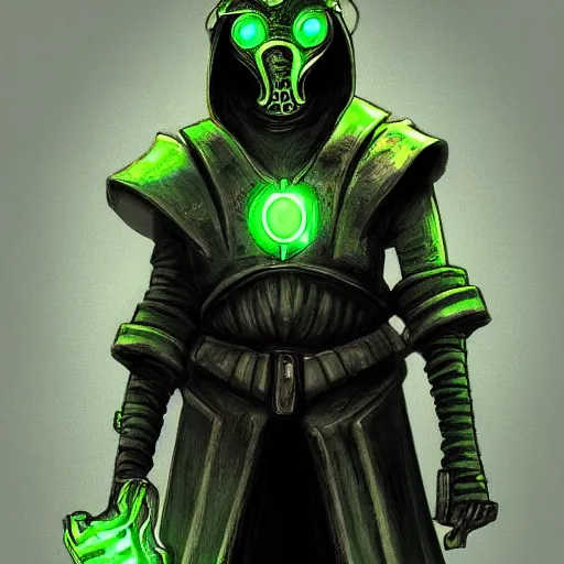 Image similar to sci - fi plague doctor power armor, inhumanly tall, inhumanly thin, black plate clawed hands, plague doctor mask, green glow eyes, green glowing trim, focused, plague, heavy armor, illustration, award winning, digital art, trending on artstation, incredible, highly detailed, fantasy, sci - fi