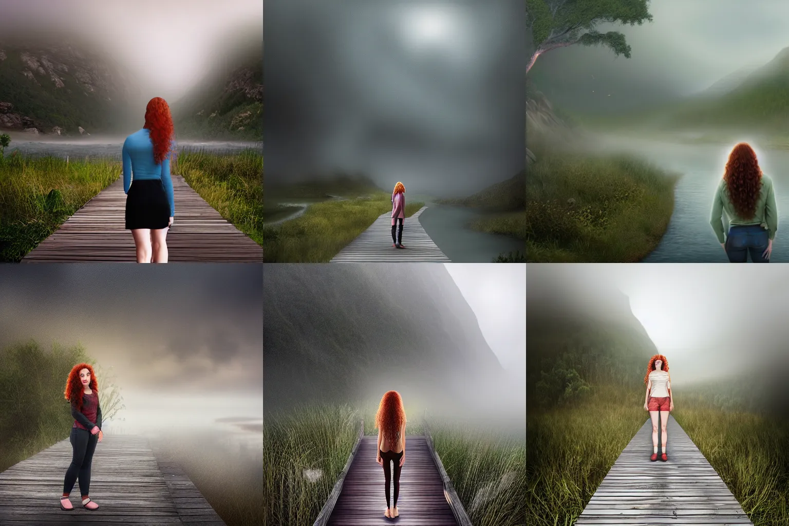 Prompt: a realistic digital painting of a woman with curly long redhair standing in a boardwalk besides a river looking at a ((((((dragon)))))) in the mountains that is covered by a fog in a thunderous weather