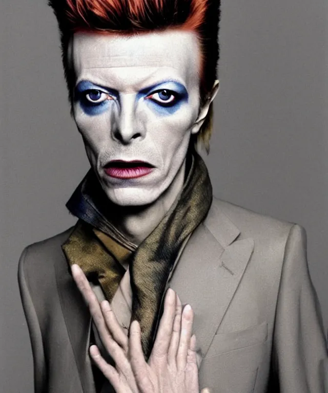 Image similar to a color photograph of david bowie, by thomas ruff, platinum blond, intense, bold, exaggerated, overblown, ultra sharp, extra details, ultra high quality, trending on pinteresst