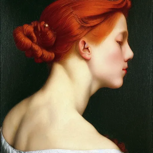 Image similar to a highly detailed portrait, red haired young woman, gorgeous dress with intricate details, long hair, green eyes, hint of freckles, round gentle face, cheeky smile with red lips, deep focus, smooth, sharp, golden ratio, elegant, digital painting by artemisia lomi gentileschi, caravaggio and artgerm