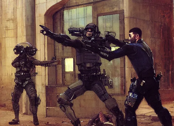 Image similar to Javier evades sgt Griggs. blue Cyberpunk hacker escaping Menacing Cyberpunk police trooper griggs wearing a combat vest. (dystopian, police state, Cyberpunk 2077, bladerunner 2049). Iranian orientalist portrait by john william waterhouse and Edwin Longsden Long and Theodore Ralli and Nasreddine Dinet, oil on canvas. Cinematic, vivid colors, hyper realism, realistic proportions, dramatic lighting, high detail 4k