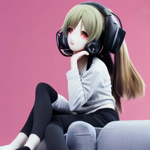 Prompt: cute fumo plush of a girl with studio headphones, anime girl, vray