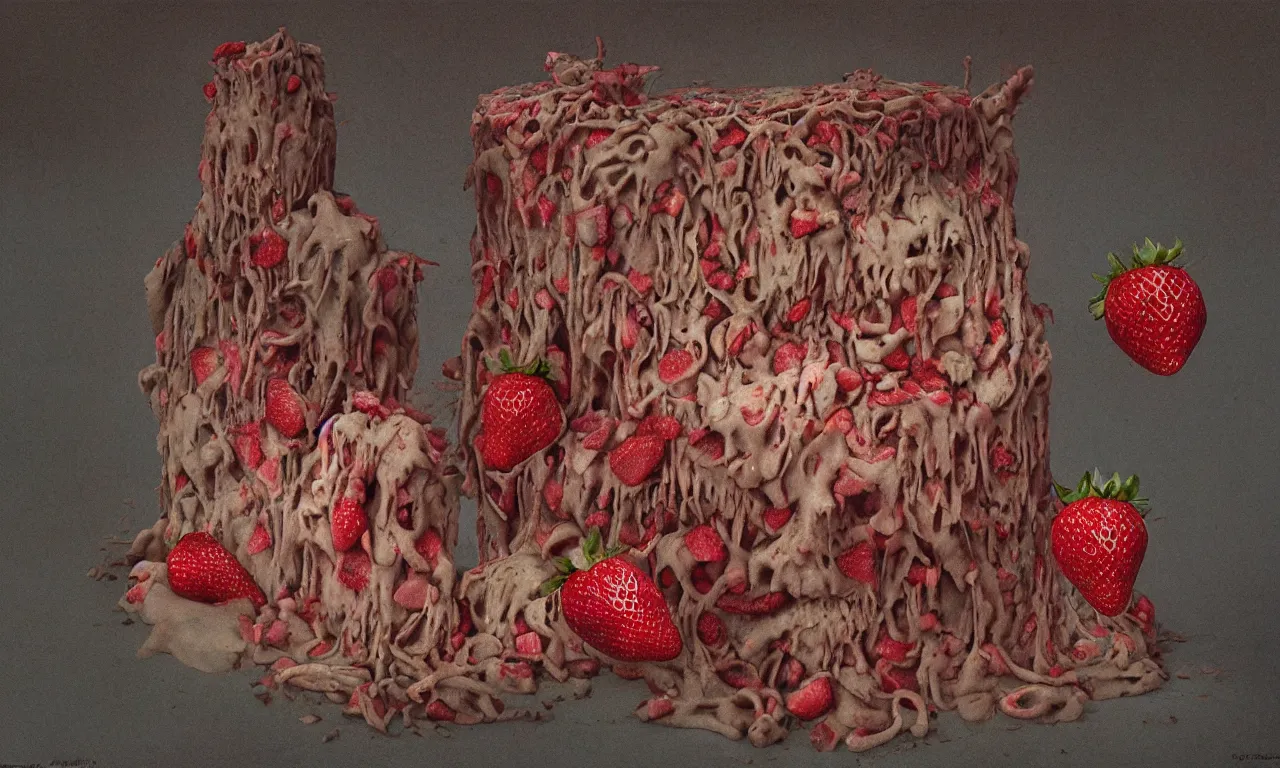 Image similar to a strawberry birthday cake, body horror, by gerard brom, zdzisław beksinski and ansel adams technicolor