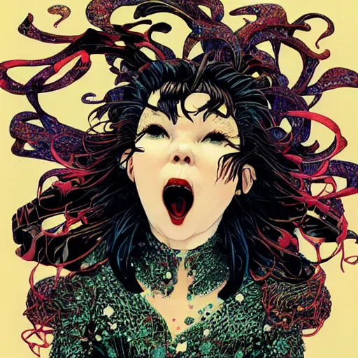 Image similar to portrait of crazy screaming beautiful singer bjork, big ribbon, ymmetrical, by yoichi hatakenaka, masamune shirow, josan gonzales and dan mumford, ayami kojima, takato yamamoto, barclay shaw, karol bak, yukito kishiro