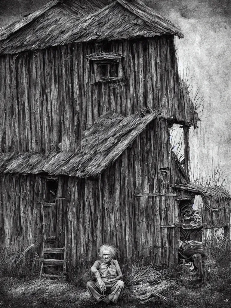 Prompt: mutated old man sitting inside his shack, digital black and white painting by oleg vdovenko chuvabak