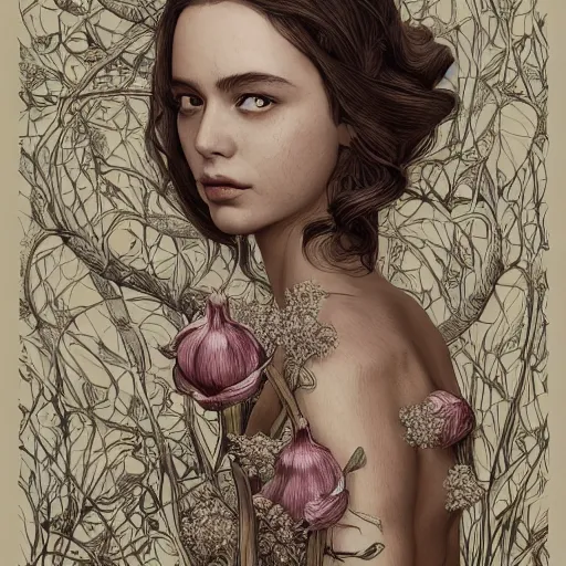 Image similar to a clove of garlic that resembles an incredibly beautiful, graceful, elegant, and sophisticated young brunette woman, an ultrafine detailed illustration by james jean, intricate linework, bright colors, final fantasy, behance contest winner, vanitas, angular, altermodern, unreal engine 5 highly rendered, global illumination, radiant light, detailed and intricate environment