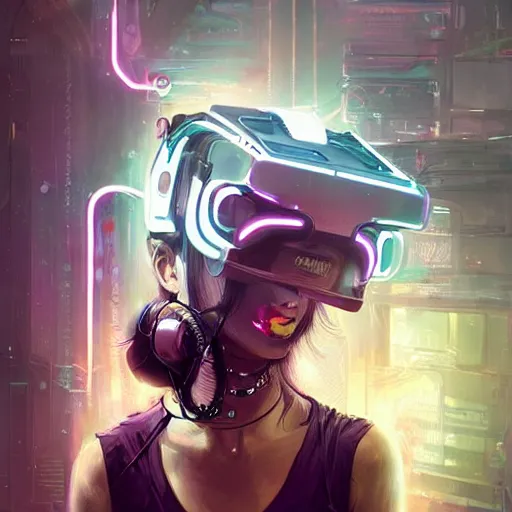 Prompt: portrait of a beautiful cybernetic raver girl wearing a oculus rift headset in a dirty japanese apartment, cyberpunk concept art by pete mohrbacher and artgerm and wlop and greg rutkowski, digital art, highly detailed, intricate, sci-fi, neon colors, sharp focus, Trending on Artstation HQ, deviantart, unreal engine 5, 4K UHD image