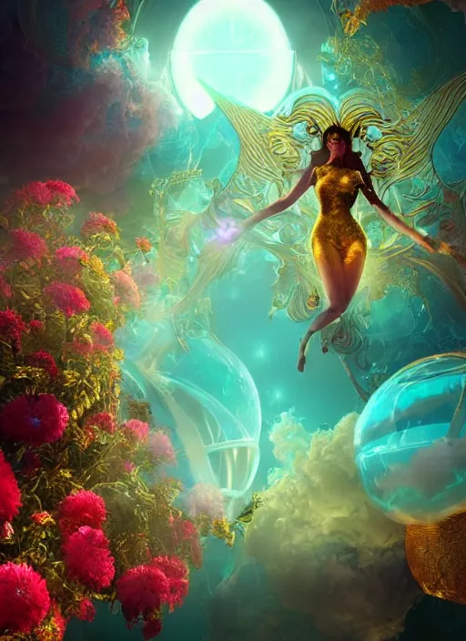 Prompt: flowers within the whole infinite capsule apparent with awe the apparition, an idea seep's into infinity highly detailed in volumetric latent space, golden turquoise steampunk, high contrast cinematic light, mystical shadows, sharp focus, divine realm of gods, octane render, artist by boris vallejo,