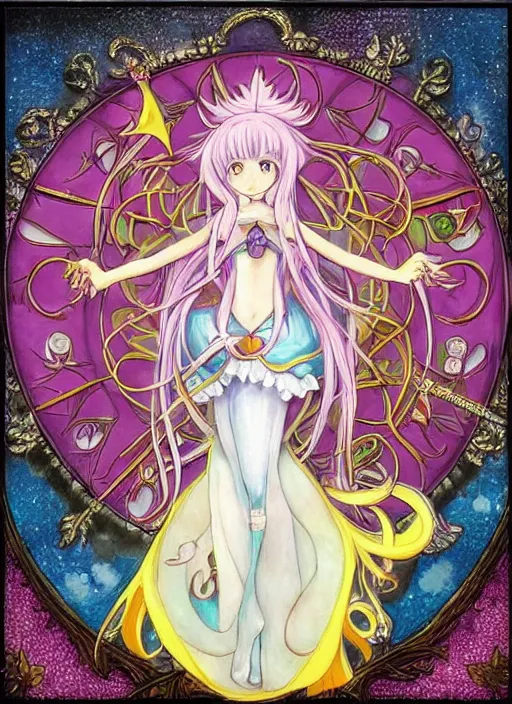 Image similar to intricately beautiful designed clow cards, Madoka Magica, high detail, painting, by CLAMP, in the style of Akiyuki Shinbo