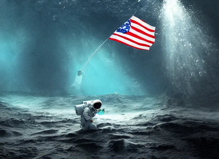 Image similar to astronaut underwater putting a flag in the sand of the bottom of the ocean. in the background, a submarine is visible. dark, concept art, cinematic, dramatic, atmospheric, 8 k, trending on artstation, low visibility, zack snyder