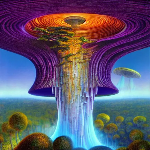 Image similar to lightning mushroom waterfall rave panoramic fantasy rich geometric octane render hyper realism by rob gonsalves, james christensen, alex grey, android jones, lisa frank