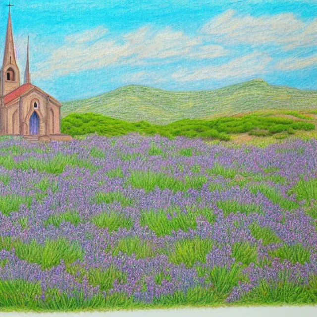 Image similar to abandoned gothic church near a lavander field mediterranean landscape, colored pencil drawing