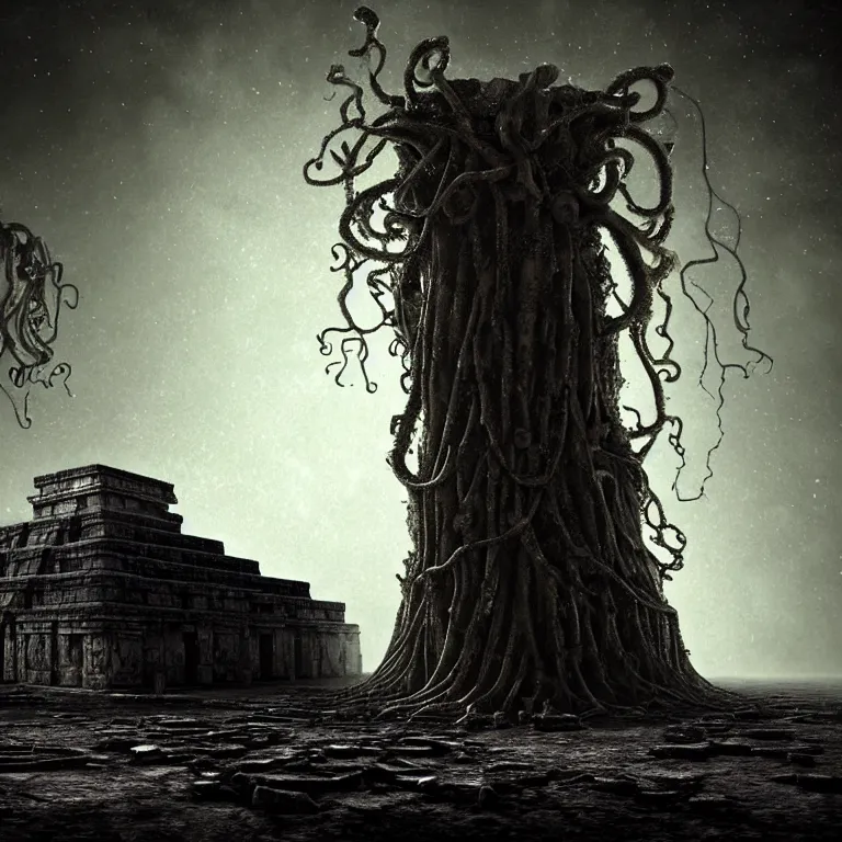 Prompt: still life of abandoned mayan temple on exoplanet, covered with tentacles, roots, wires, tubes, standing in a desolate empty wasteland, lit by a column of light from flying saucer ufo above, baroque painting, creepy, nightmare, dream-like heavy atmosphere, dark fog, darkness, hell, surreal abandoned buildings, baroque painting, beautiful detailed intricate insanely detailed octane render trending on Artstation, 8K artistic photography, photorealistic, chiaroscuro, Raphael, Caravaggio, Beksinski, Giger
